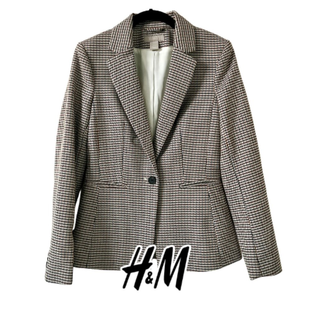 H&M Brown Maroon Houndstooth Single Button Blazer Jacket - Size 4